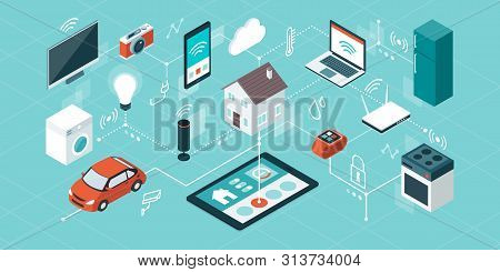 Internet Of Things, Domotics And Smart Home Innovations, Isometric Network Of Connected Devices And 