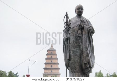 Monk Xuanzang Statue Of The Tang Dynasty Near The Big Wild Goose Pagoda In The City Of Xian In Shaan