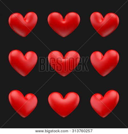 Vector Illustration, Red Hearts 9 Differrent Rotation Set 1 Mesh Objects On Black Background