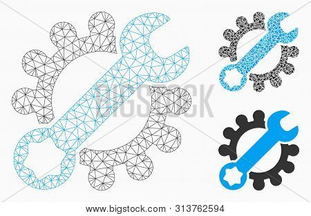 Mesh Service Tools Model With Triangle Mosaic Icon. Wire Frame Triangular Mesh Of Service Tools. Vec