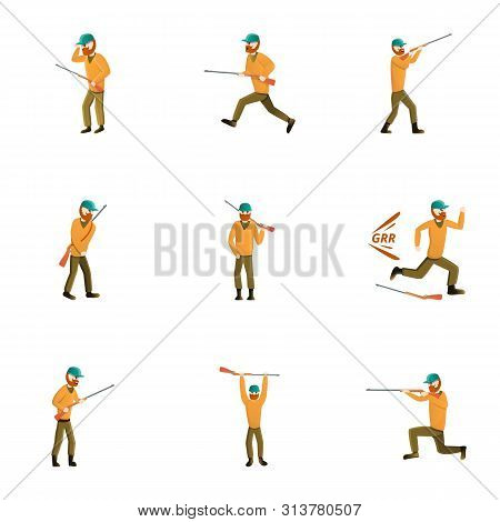 Hunter Man Icon Set. Cartoon Set Of 9 Hunter Man Vector Icons For Web Design Isolated On White Backg