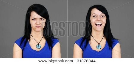Elección de retratos de mujer joven Super feliz y enojado