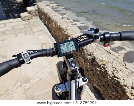 Honolulu - June 9, 2018: Rad Power Bikes Display Screen, Front Tire, And Handle Bars .   The Lcd Dis