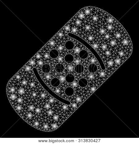 Bright Mesh Patch With Glare Effect. Abstract Illuminated Model Of Patch Icon. Shiny Wire Carcass Tr