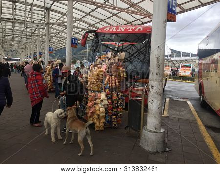 Quito, Ecuador - 14-7-2019: People Selling Fruits, Drinks And Candy In Front Of The Leaving Buses