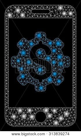 Flare Mesh Mobile Bank Setup With Lightspot Effect. Abstract Illuminated Model Of Mobile Bank Setup 