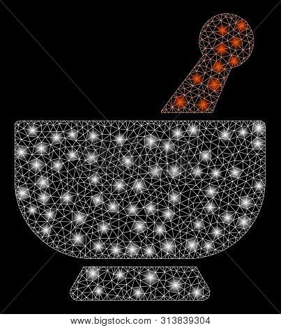 Glowing Mesh Mortar With Glitter Effect. Abstract Illuminated Model Of Mortar Icon. Shiny Wire Frame