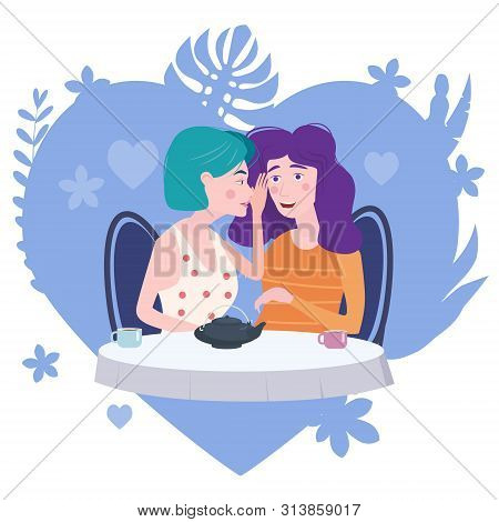 Two Girls Gossiping Surprised, Says Rumors To Other Female Character. One Excited Girl Whispers Secr