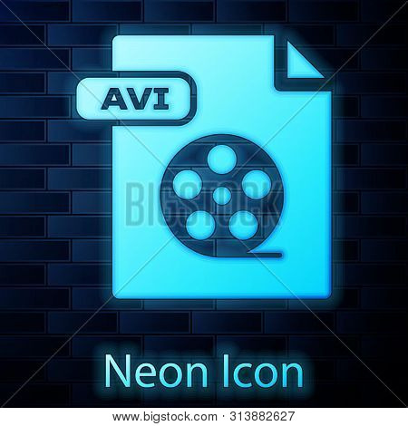 Glowing Neon Avi File Document. Download Avi Button Icon Isolated On Brick Wall Background. Avi File