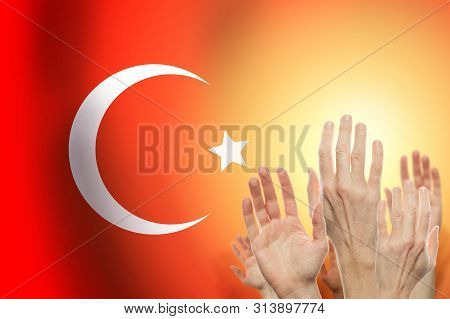 People Raising Hands And Flag Turkey On Background. Patriotic Concept