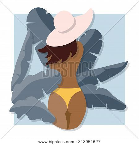 Beautiful Sexy Girl In Summer Exotic Tropic Leaves On Colorful Bacground. Bright Tropical Design Sum