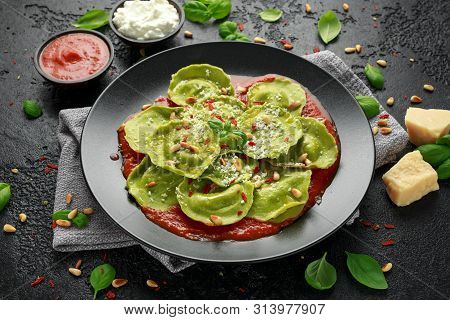 Italian Ravioli Pasta Stuffed With Basil Pesto, Creamy Ricotta And Crunchy Pine Nuts. Healthy Vegeta