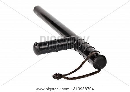 Black Classic Rubber Police Tonfa Baton Isolated On White Background.
