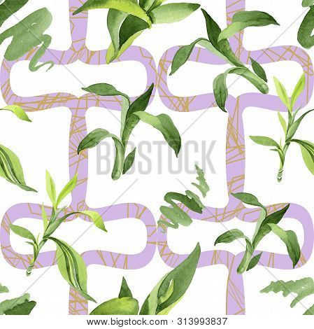 Bamboo Green Leaves. Watercolor Background Illustration Set. Seamless Background Pattern.