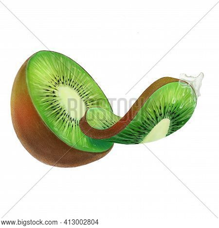Half Kiwi With Slice And Drops Of Juice Isolated On White Background. Green Exotic Kiwi With Vitamin