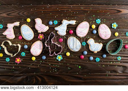 Sugar Sprinkles, Candies, Cookie Cutters, Easter Frosted Cookies In Shape Of Egg Chicken And Rabbit 