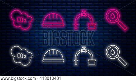 Set Line Worker Safety Helmet, Industry Pipe And Valve, Co2 Emissions In Cloud And Oil Drop. Glowing