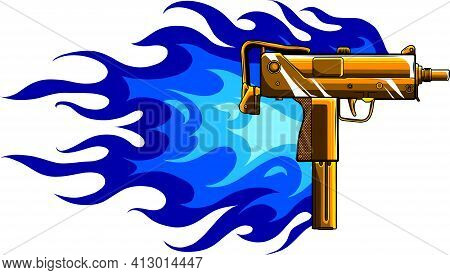 Vector Illustration Of A Gold Uzi Gun With Flames