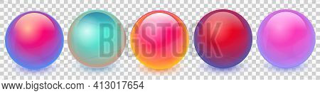 Collection Of Colorful Balls With Shadow. Glossy Spheres Set Isolated On Transparent Background. Vec