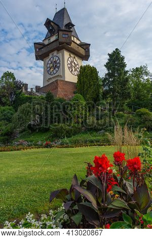 The Famous Clock Tower (grazer Uhrturm) And Gardens On Shlossberg Hill Before Sunrise,in Graz, Styri