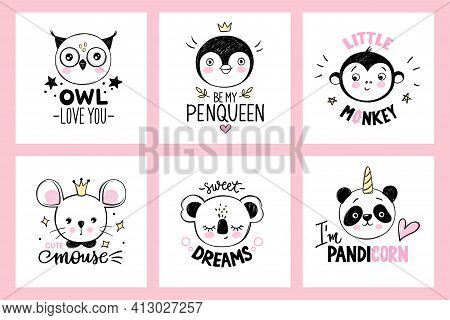 Owl, Penguin Queen, Monkey Princess, Mouse, Panda Unicorn, Koala Faces In Sketch Style. Doodle Anima
