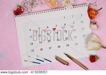 Periods Calendar For Checking Menstruation Days On Stone Background. Medical, Healthcare, Gynecologi
