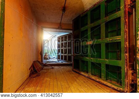 Opened Heavy Steel Armored Hermetic Door In The Soviet Bomb Shelter