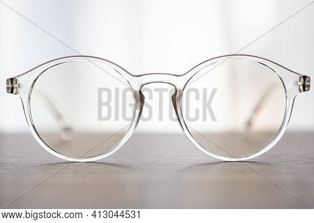 Eyeglasses Close Up. Eye Glasses. Modern Style Eyeglasses. Round Glasses With Transparent Lenses.