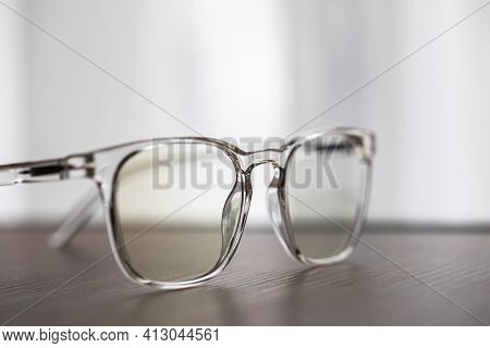 Eyeglasses Close Up. Eye Glasses. Modern Style Eyeglasses. Round Glasses With Transparent Lenses.