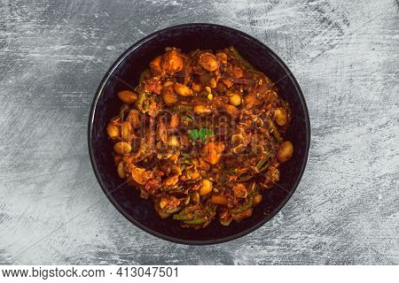 Vegan Autumn Hot Pot With Sweet Potato Green Beans Buttter Beans And Capsicums, Healthy Plant-based