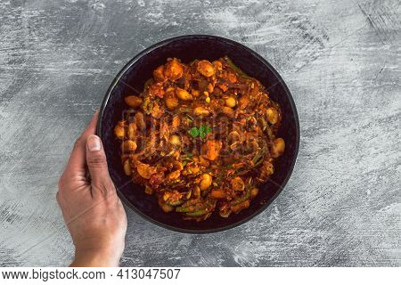 Vegan Autumn Hot Pot With Sweet Potato Green Beans Buttter Beans And Capsicums, Healthy Plant-based