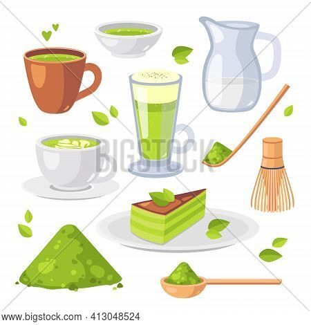 Japanese Ethnic And National Tea Ceremony. Collection Of Matcha Tea Products. Matcha Powder, Tea Cup