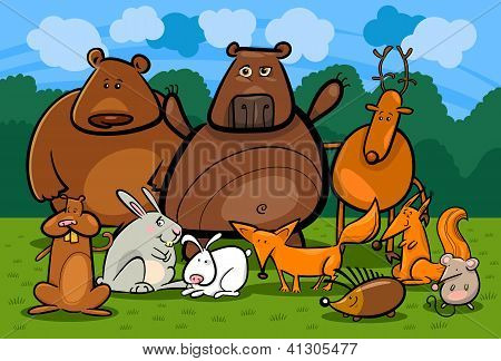 Wild-Wald-Tiere-Gruppe-Cartoon-Illustration