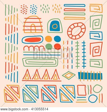 Set Of Various Geometric Shapes And Lines In A Hand-drawn Style. Colorful Abstract Lines, Points, Cu