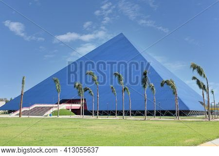LONG BEACH, CALIFORNIA - 16 MAR 2021: The Walter Pyramid, formerly known as The Long Beach Pyramid, is a 4,000-seat, indoor multi-purpose arena on the campus of Long Beach State University.