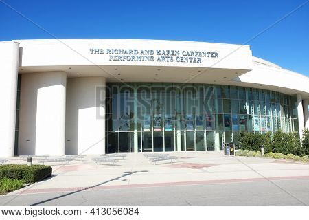 LONG BEACH, CALIFORNIA - 16 MAR 2021: Marquee in front of The Richard and Karen Carpenter Performing Arts Center at California State University Long Beach.