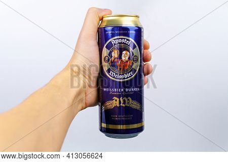 Tyumen, Russia-december 23, 2020: Eichbaum Apostel Weissbier Dunkel Beer
