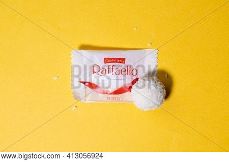 Tyumen, Russia-march 15, 2021: Raffaello Is Coconut Almond Confection That Italian Manufacturer Ferr