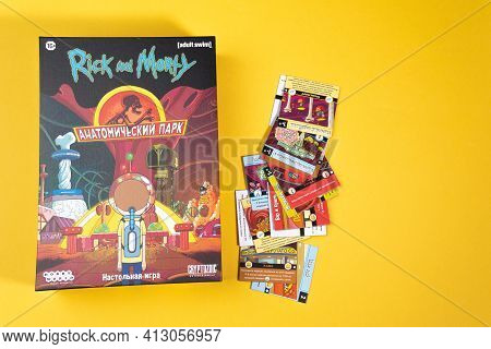 Tyumen, Russia-march 15, 2021: Rick And Morty Board Game Anatomical Park On A Yellow Background