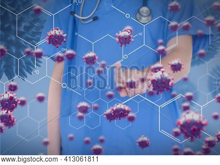 Composition of covid 19 cells over female doctor touching interactive screen with chemical compounds. global coronavirus pandemic and health concept digitally generated image.