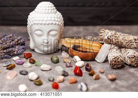 Set Of Colorfull Abstract Semi-precious Stones. Mineral Collection. Spiritual Ritual Meditation Face