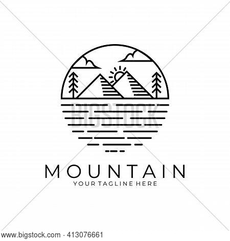 Mountain And Trees Line Illustration Vector Logo Design