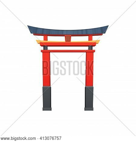 Red Torii Entrance With Roof Isolated Chinese, Korean Or Japanese Gate Realistic Cartoon Icon. Vecto