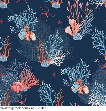 Beautiful Vector Seamless Underwater Pattern With Watercolor Sea Life Coral Shell And Starfish. Stoc