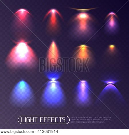 Set Of Colored Artificial Light Effects Of Various Intensity Isolated On Transparent Background Vect
