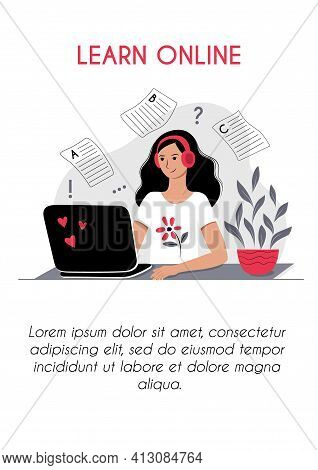 Online Course E Learning Vertical Poster Brochure Flyer Concept. Young Freelancer Woman With Laptop 
