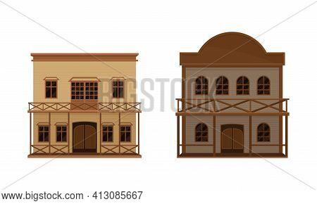 Western Two-storey Saloon Or Bar Having Batwing Doors Vector Set