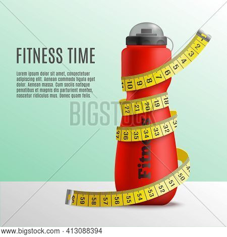 Fitness Bottle Tape Realistic Composition With Editable Text And Image Of Bottle Wrapped Up In Metre