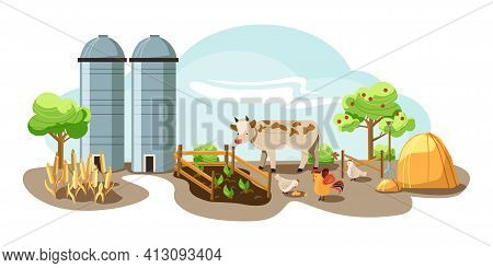 Farm In The Countryside, Rustic Landscape. Wheat, Sheaf, Vegetable Garden, Cow, Chickens And Eggs. V