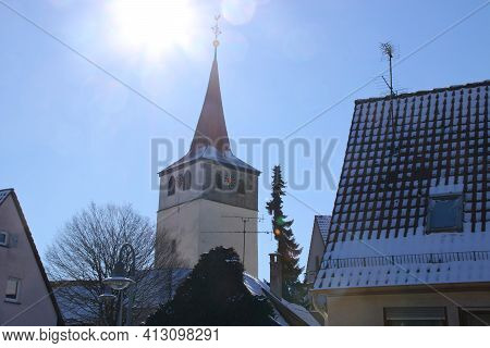 Recording Of The Historic Church Tower In The Village Of Weissach In The Backyard